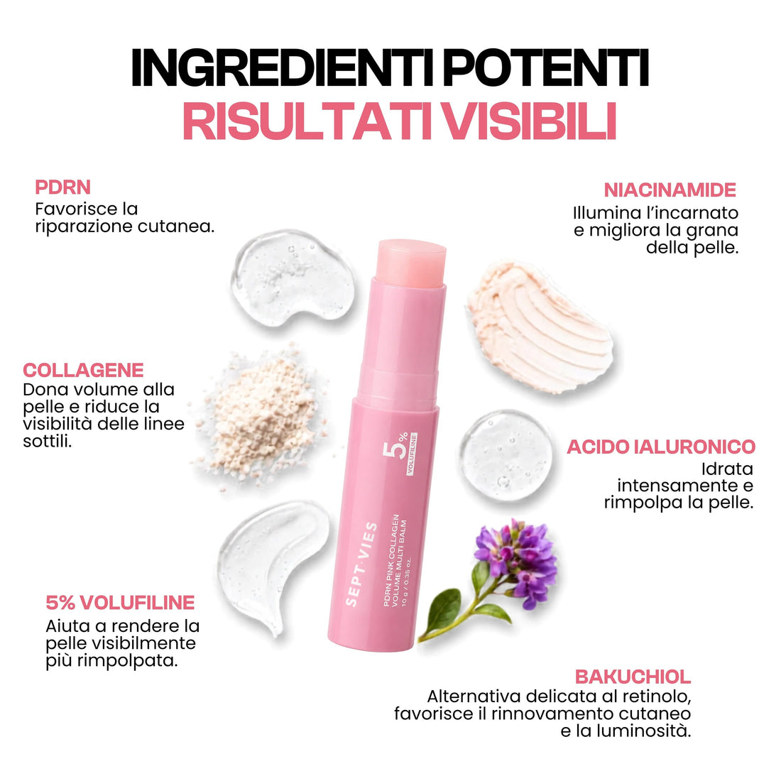 Ingredienti: PDRN, collagene, Volufiline 5%, niacinamide, acido ialuronico, bakuchiol