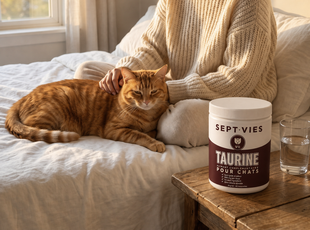 Linda caressant son chat roux sur le lit, le pot de Sept Vies sur la table de nuit.
