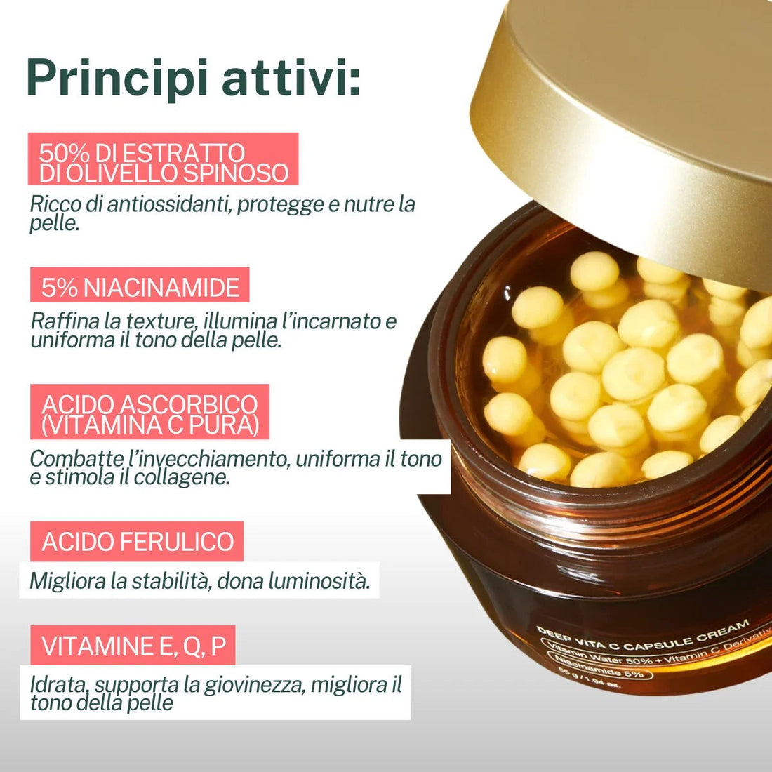Principi attivi: olivello spinoso, niacinamide, vitamina C, acido ferulico