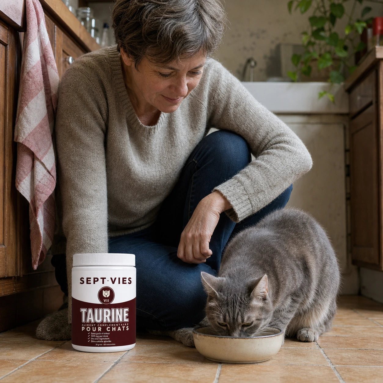 Nougat et son pot, dans ma cuisine. Une mesurette le soir, dans sa pâtée.